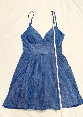 B Darlin Sparkly Glitter Blue Metallic Deep V Plunge Mini Homecoming Dress - 7/8