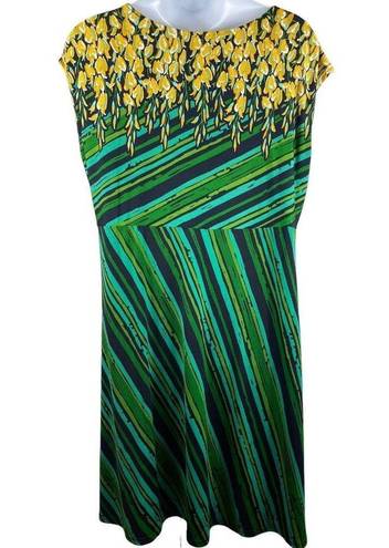 Bob Mackie  Green Yellow Floral Short Sleeve Pullover Stretchy 1x Dress