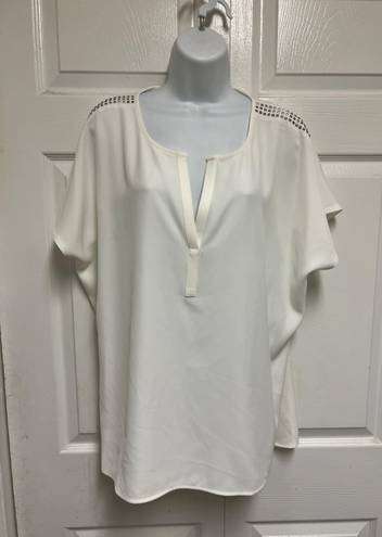 DKNY Ivory Studded-Shoulder V-Neck Blouse Shirt Top