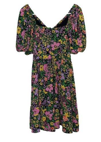 Donna Morgan Multi Color Mini Flowy Floral Dress Size 6 V-Neckline Puff Sleeves