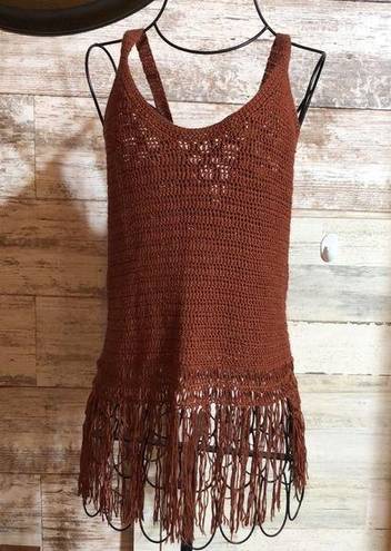 Cloud Chaser  fringe tank top brown small western country top crochet or knit​​