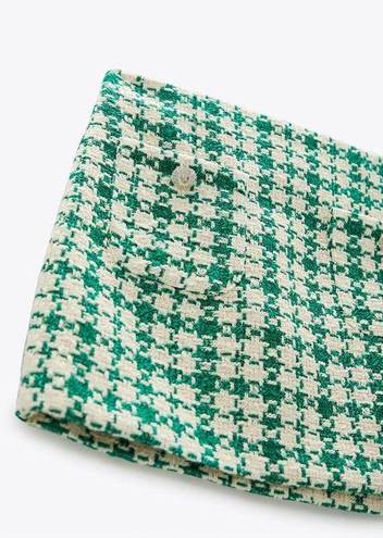 ZARA Green White Bejeweled Knit Plaid Mini Skirt