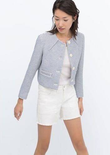 ZARA  Basic Blue Tweed Cotton Striped Cropped Blazer Jacket Size S