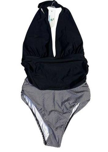 Beachsissi  Women's Swimsuit Sz M New Halter Black White Ruched Sides Plunge