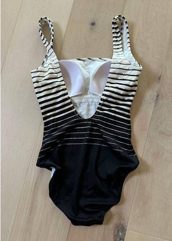 Gottex Vintage 80s  One Piece Swim Suit Striped Black Gold Cream Size 6/36