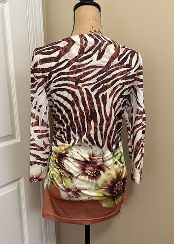 Cache White Brown Animal Stripe Floral Beaded Ruched Y2K Jersey Size Large