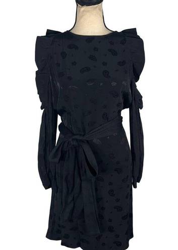 Maje  Satin Black Cold-Shoulder Ruffled Paisley-Jacquard Dress Women's Size 2