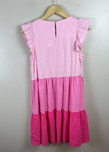 J.Crew  Linen Blend Ruffle Tiered Dress Size 4 Pink Colorblock Ombre Barbie