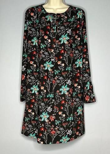 Loft SMALL BLACK AND FLORAL MIDI LONG SLEEVED DRESS