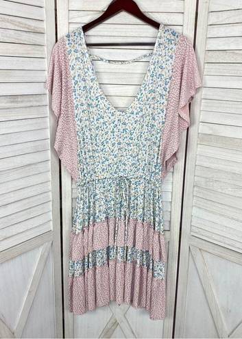 StitchDrop Mendocino Flutter Sleeve Ruffle Dress Pink Blue Small Floral