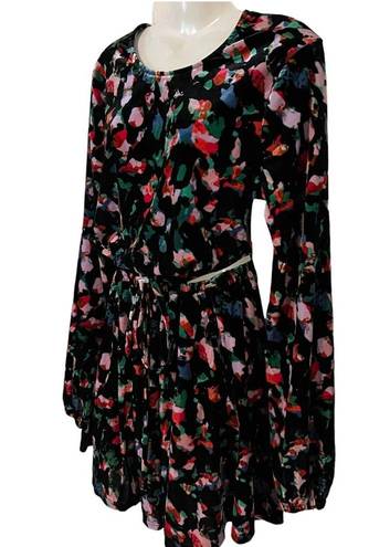 Open Edit  Floral Print Open Back Velour Long Sleeve Minidress NWOT Size Medium