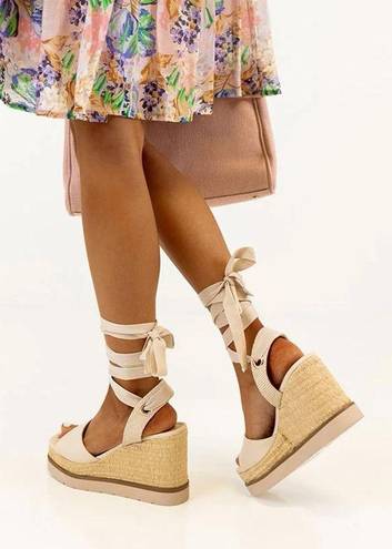 Soda Nude Lace Up Wedge