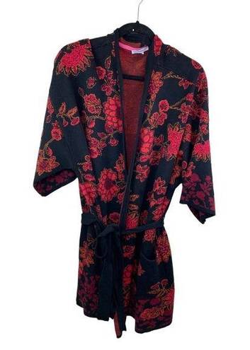 Isaac Mizrahi  Live! Floral Jacquard Belted Cardigan Black Red 3xl A384084