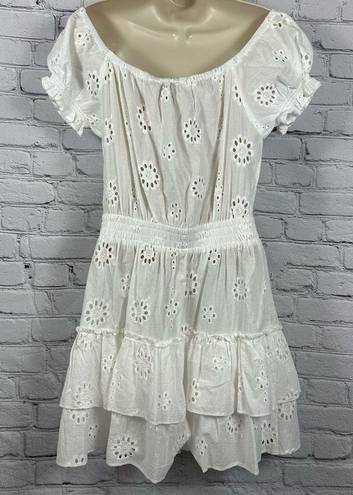 AQUA  Swim Women’s Beach Coverup Tiered Peasant Dress Cotton Eyelet Ivory S NWT