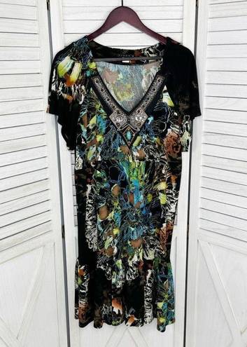 Tiana B Abstract Floral Beaded Neck Ruffle Hem Shift Dress Brown Multi 14