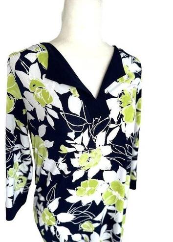 Tiana B . Floral Puff Paint Dress Shift 3/4 Sleeve Stretch Pullover Blue Green 10