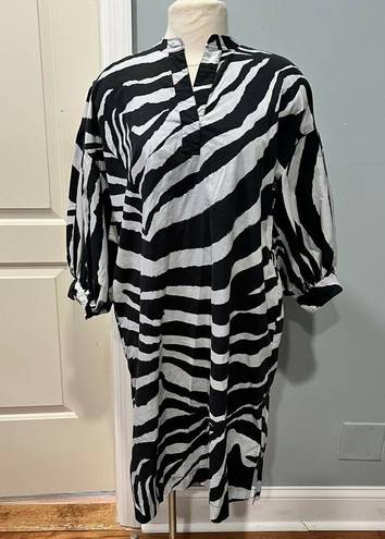 Natori  Zebra Cotton Poplin Balloon Sleeve Belted Shirtdress Size Medium