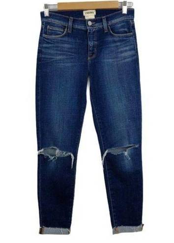 L'Agence  Rachel Ripped Crop Slim Fit Blue Slouch Cuffed Jeans Size 24 Stretch