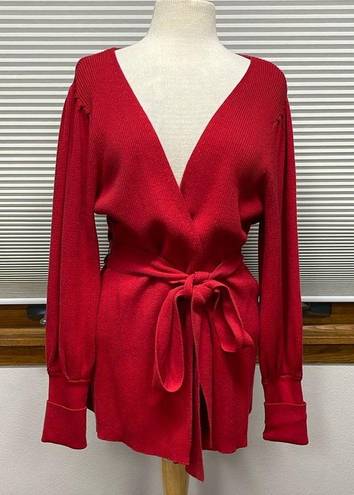 CAbi L //  Red Cabaret Ribbed Wrap Belted Cardigan Sweater