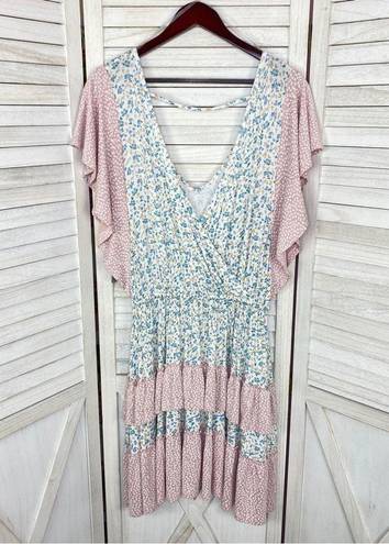 StitchDrop Mendocino Flutter Sleeve Ruffle Dress Pink Blue Small Floral