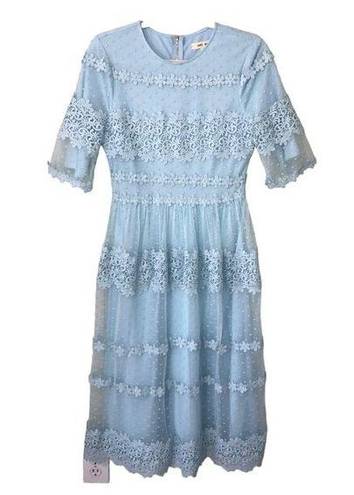 Just Me  Womes Size S Dress Midi Lace Short Sleeves Blue Cottage Modest Party