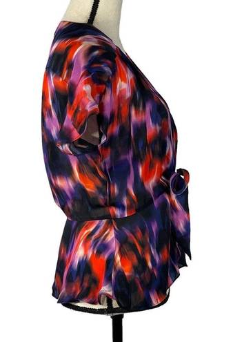 Parker  Small Peplum Top Hook 'n Eye Closure Tie Front Cap Sleeve Abstract V-Neck