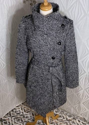 GUESS |  Black & White Tweed Wool Blend Coat Belted