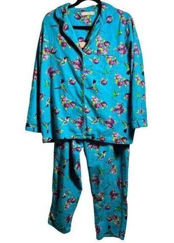 Hummingbird LA CERA  Flannel Cotton Pajamas Womens L Blue Buttons PJ Set Floral