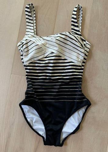 Gottex Vintage 80s  One Piece Swim Suit Striped Black Gold Cream Size 6/36