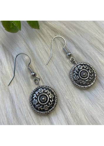 Vintage medallion circle dangle silver tone earrings