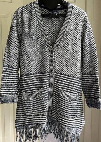 Isaac Mizrahi  Sweater Mixed Stitch Oversized Fringe Cardigan Pockets, Size XS