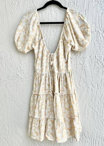 Krewe  Du Q Puff Sleeve Floral Print Tiered Samos Mini Dress Honey Womens Size XS