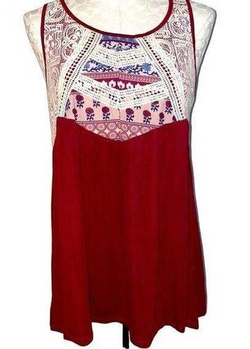 The Moon  & Sky Embroidered boho sleeveless keyhole back tank burgundy size small