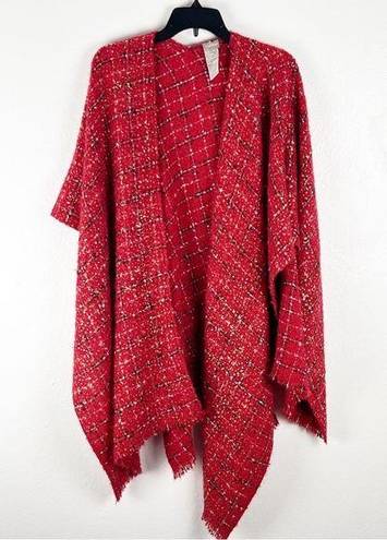 Chico's CHICO’S Red Checkered Plaid Metallic Tweed Fringe Trim Poncho Shawl, One Size