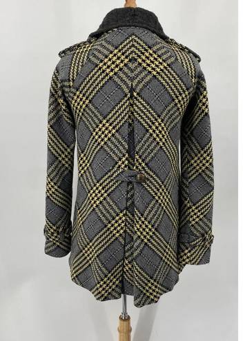 Free People  Plaid Peacoat Wool Double Button Down Grey Yellow Womens size 4