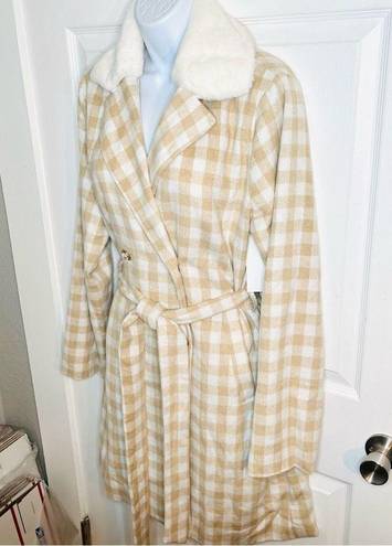 Aura  It's A Look Beige Plaid Coat Tie Double Breast Pearl Button M J NWT