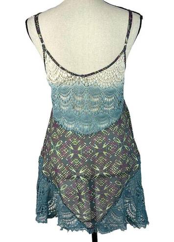 Gimmicks by BKE  Small Boho Tank Top Abstract Crochet Accents Semi-Sheer Multi