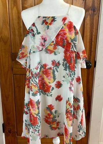 Davi & Dani  Floral Midi Dress Medium Red Orange Yellow Green white Off shoulder