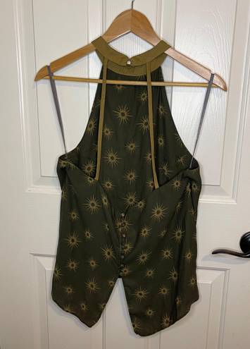 Free People Through The Night Boho Green + Gold Sun Print Halter Blouse Size M