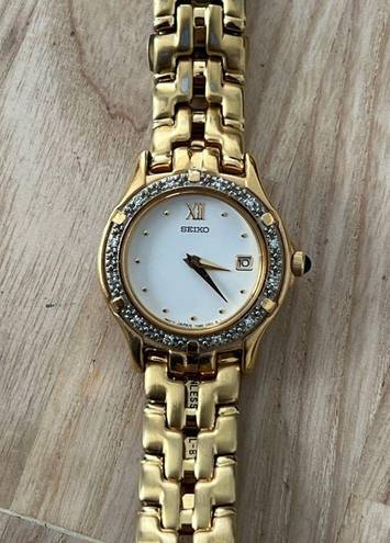 Seiko  Diamond Ladies Watch Vintage Gold Tone Bracelet White Dial Date Window