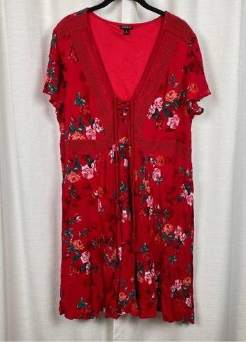 Torrid  Red Floral Gauze Lace Up Skater Dress Sz.2