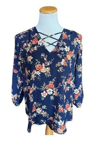 Sweet Rain Womens  Floral Criss Cross Flowy Top Blouse - Sz M