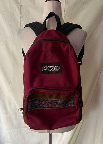 Jansport Vintage 90s  Backpack Suede Leather Bottom Maroon Red Floral Unisex