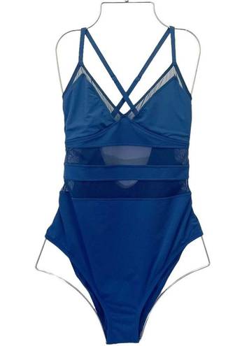 Bleu Rod Beattie  Mesh-Trimmed Cross-Back One-Piece Swimsuit Marine Blue Size 10