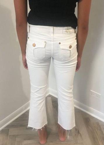 Rock & Republic  White Kiss Boot Cut Crop Raw Edge Hem Gold Buttons Jeans 28