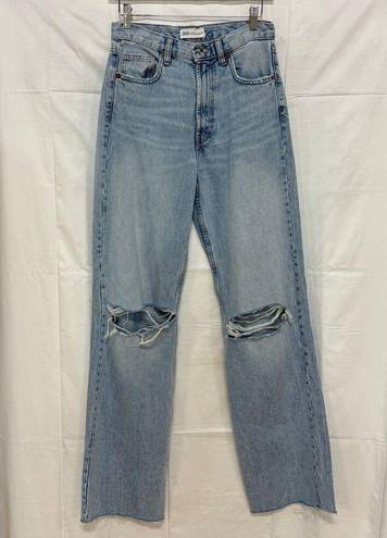 ZARA  High Waisted Distressed Raw Cut Denim Wide Leg Jeans Blue Women's Size US 4