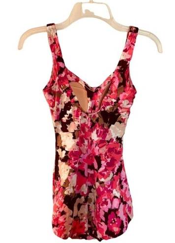 Maxine of Hollywood  Swimsuit Size 8/M One Piece Pink/Brown Floral Ruched