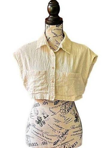 Cider | Womens Button Up Short Casual Style Plain Cotton Short Sleeves Cropped M