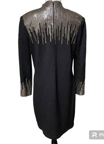 St. John  Evening Knits Black Dress Size 10 Long Sleeve Sheath Gold Silver Trim