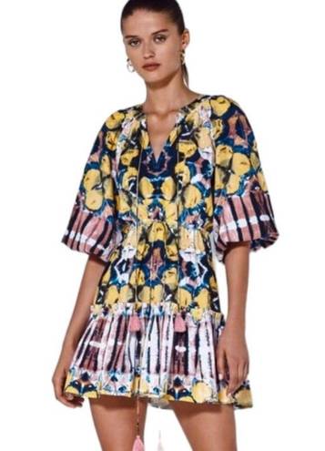 Alexis  Kasi Puff Sleeve Multi Color Mini Dress with Ruffles Tassel Ties Size XS